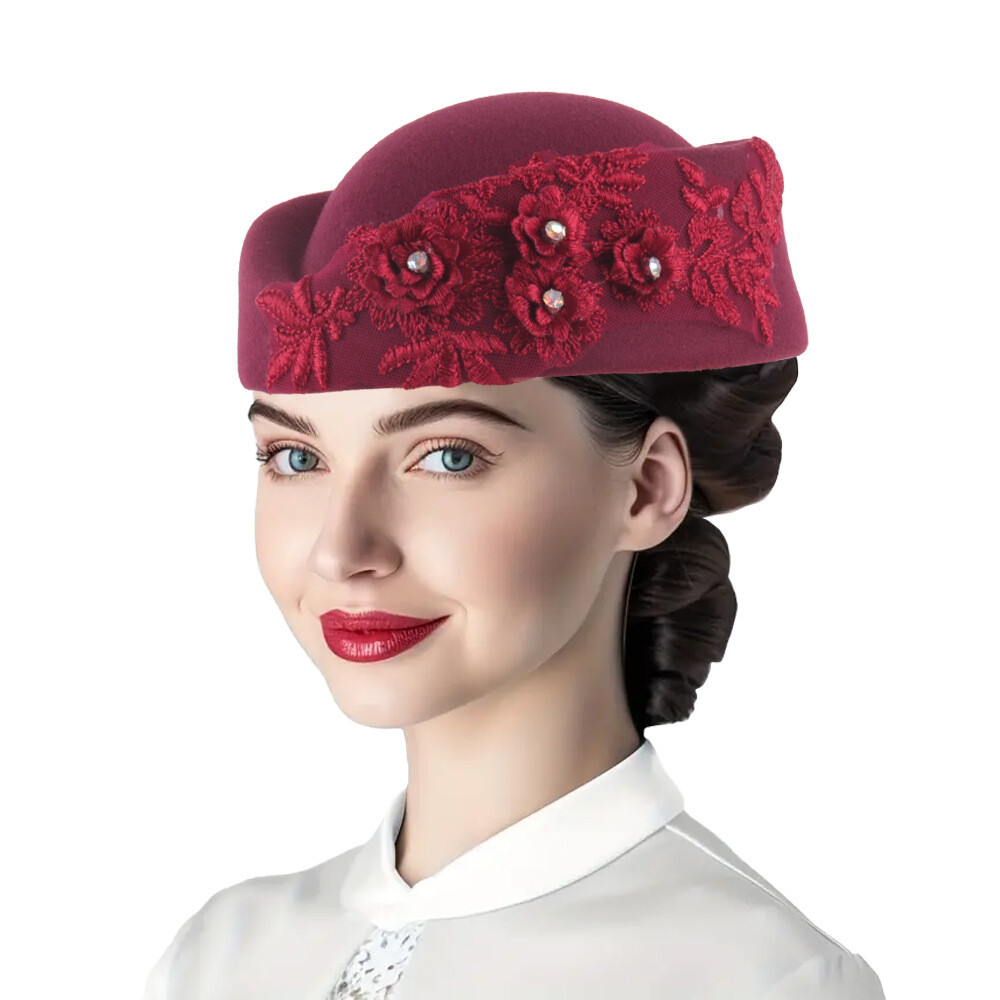 Chapeau Turban en feutre élégant, Vintage, strass, fleur, béret d'église, chapeau pour femmes, hôtesse de l'air, casquette de Cosplay, accessoire de Costume