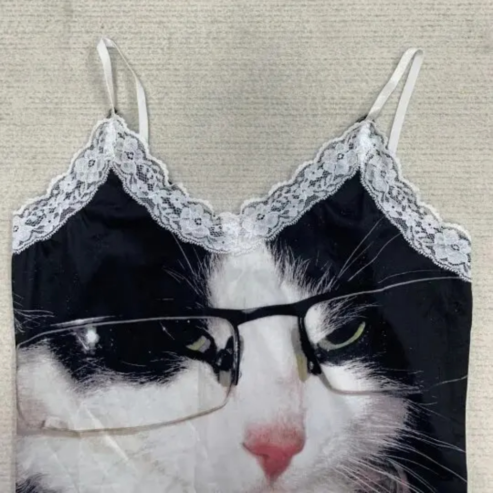 Gilets Camisole à bord en dentelle pour fille épicée, polyvalents à la mode, coupe cintrée, gilets imprimés de chat mignon de rue, pur désir européen et américain