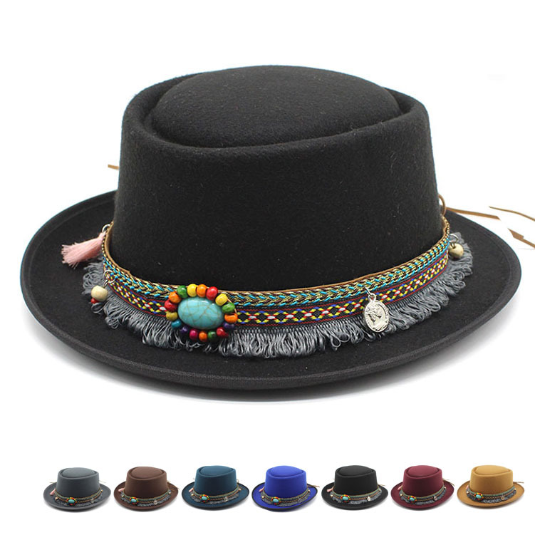 Nouveau ethnique femmes Jazz chapeau haut plat bord Tophat mode traditionnelle tarte de porc chapeau gland ruban église Trilby dame Fascinator chapeau
