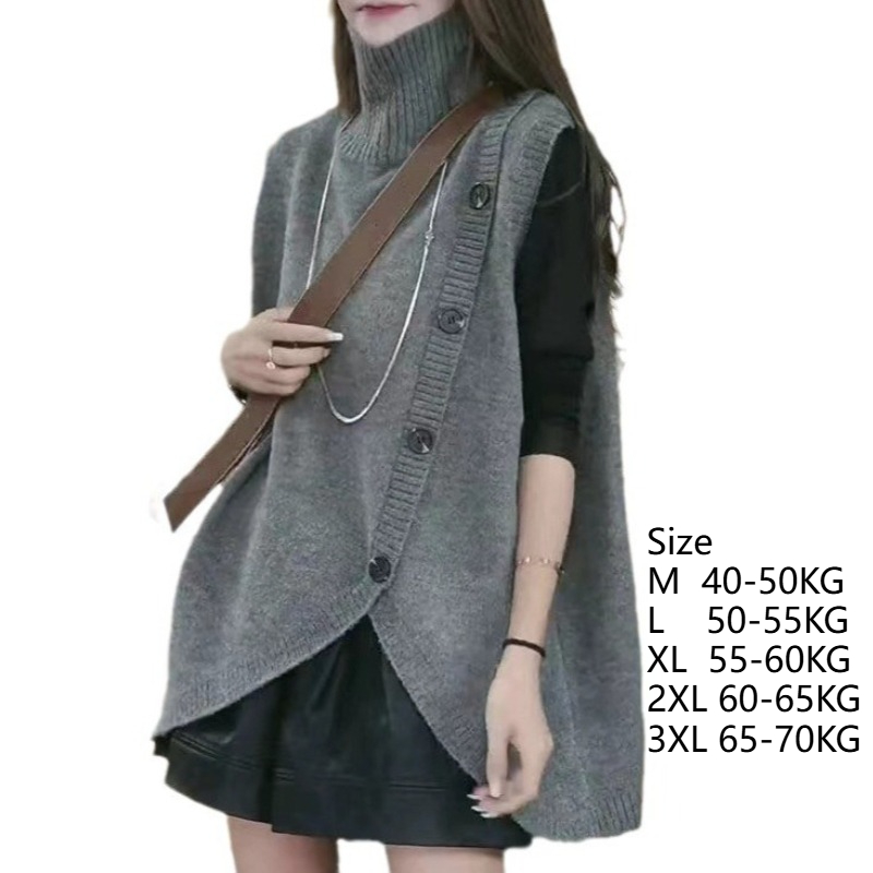 Femmes sans manches longs pull gilets Vintage irrégulière épissé bouton tricots vêtements d'extérieur pulls élégant col roulé gilets amples