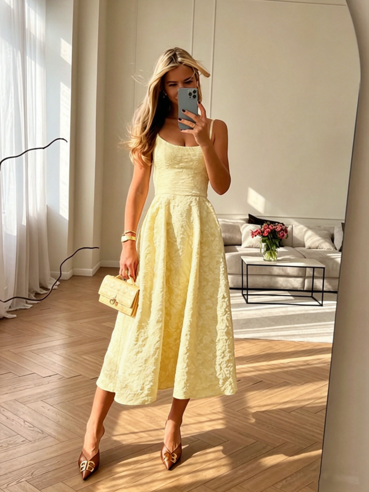 Robe d'été chic jaune en jacquard sans manches pour femme, élégante robe de soirée dos nu coupe trapèze, robe de soirée d'anniversaire féminine