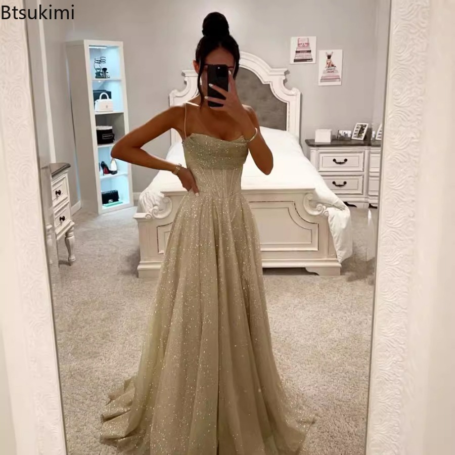 Bronzant or grande balançoire robe élégante licou Socialite fête Robes de soirée décontracté mode femmes bretelles longues Robes