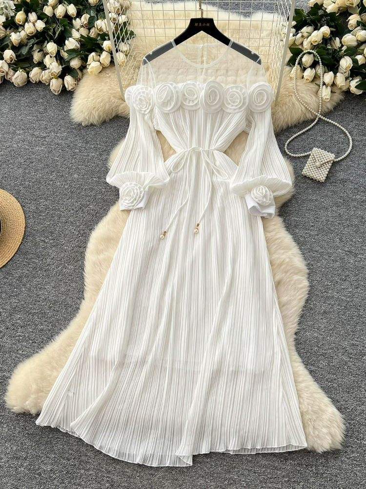 Robe plissée pour femmes, nouvelle mode d'été, industrie lourde, fleur tridimensionnelle, Perspective, couture en maille, taille, 2025