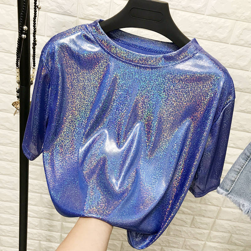 T-shirt manches courtes femme, estival et élégant, en soie brillante, ample, sexy, esthétique, harajuku