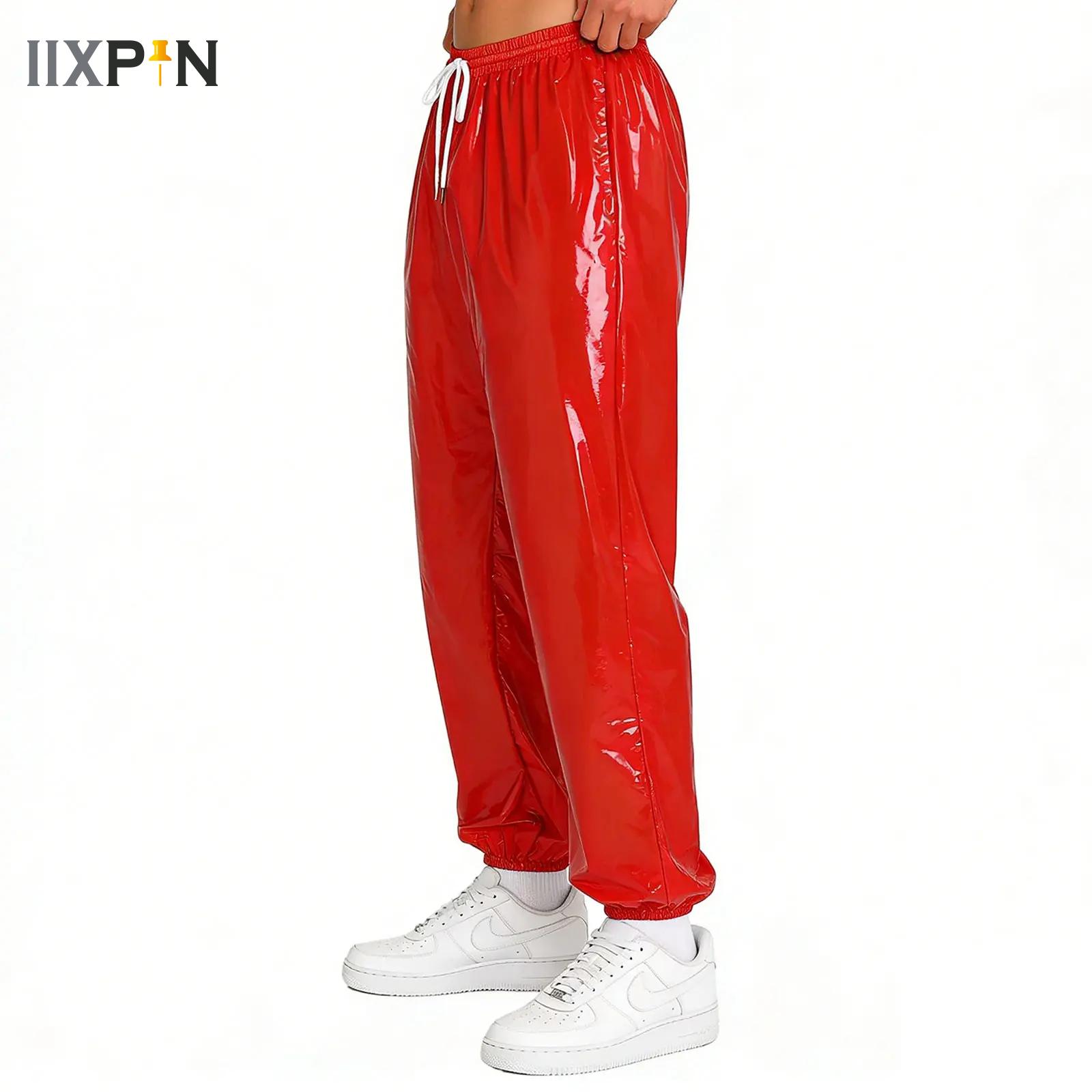 Pantalon de jogging imperméable pour homme, style Y2K brillant, avec cordon de serrage, taille élastique, poches latérales, coupe ample, pantalon brillant, style hip-hop