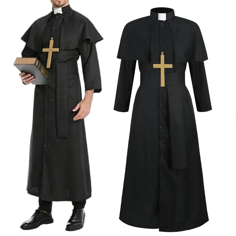 Costume de prêtre noir pour homme, robe de clergé catholique avec collier croix, déguisement d'Halloween, uniforme de pasteur prédicateur