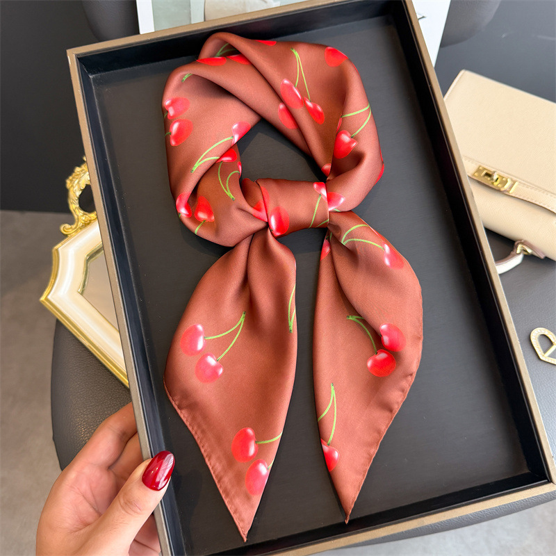 Écharpe carrée en Satin de luxe pour femmes, châles et enveloppes à motif de cerise et de fruits mignons, petit sac à la mode, foulards à cravate pour cheveux, Bandanas 70x70Cm