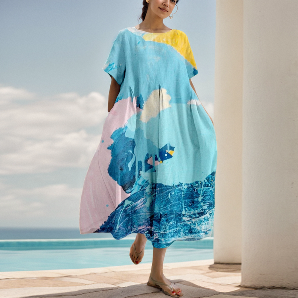 Robe à imprimé floral à manches courtes pour femmes, col rond, grand ourlet, mode adt, élégant, décontracté, trajet quotidien, femme, robe trapèze, été, nouveau