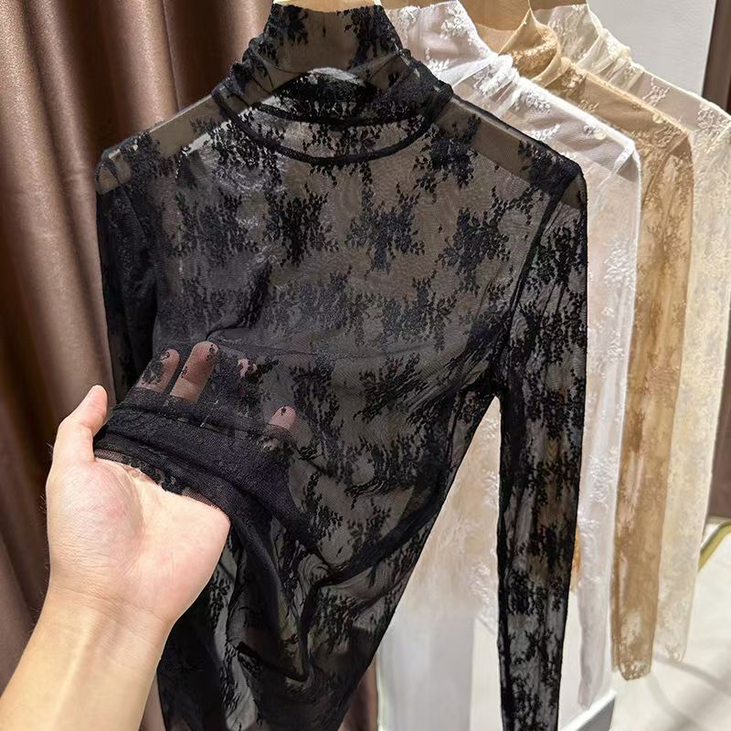 Femmes Sexy à manches longues dentelle Blouses col haut vêtements intérieurs dentelle Crochet t-shirt Base tunique haut Perspective Vintage bas Blouse
