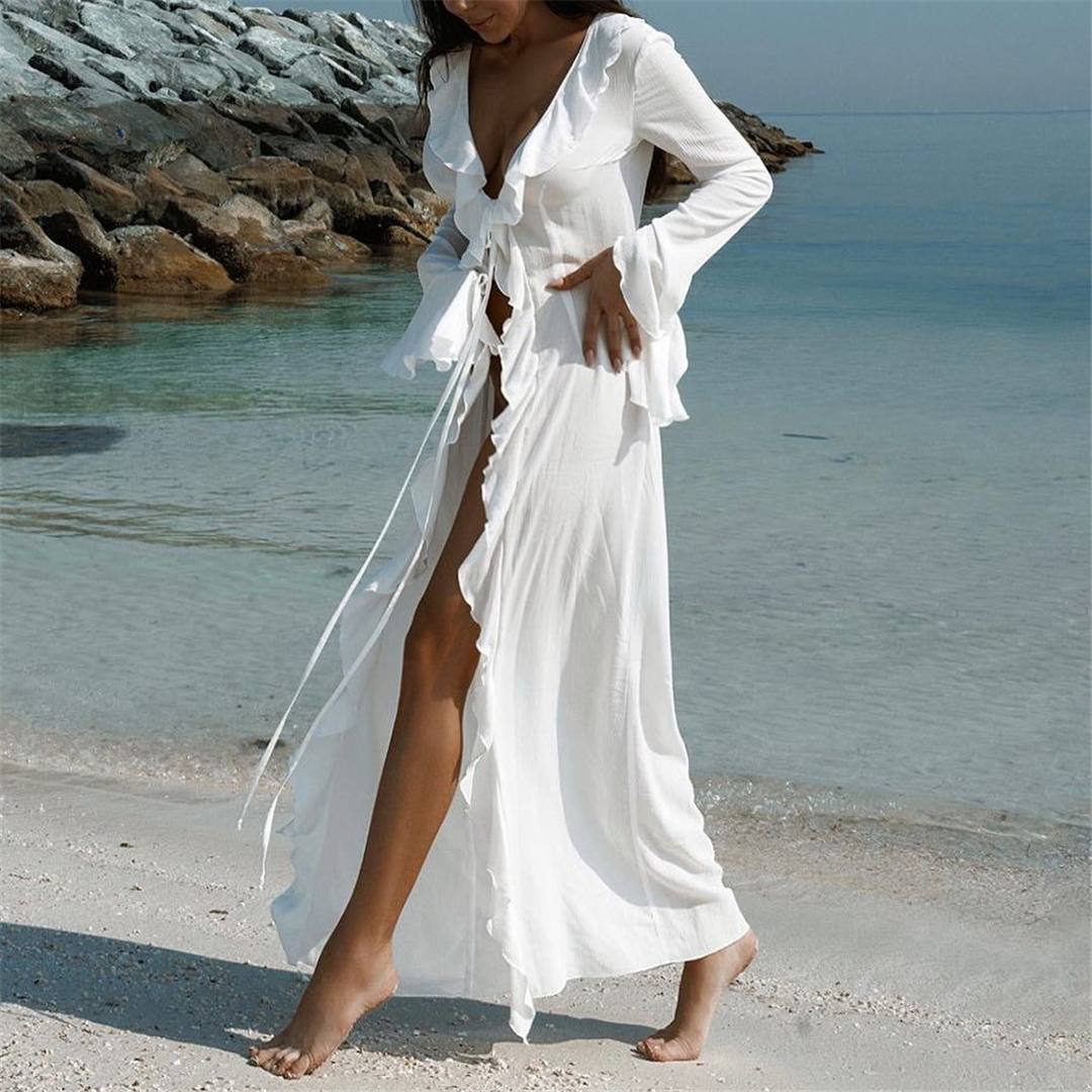 Nouveau Sexy col en V à volants à manches longues en mousseline de soie tunique plage couvrir couvertures femmes robe de plage vêtements de plage femme vêtements de plage