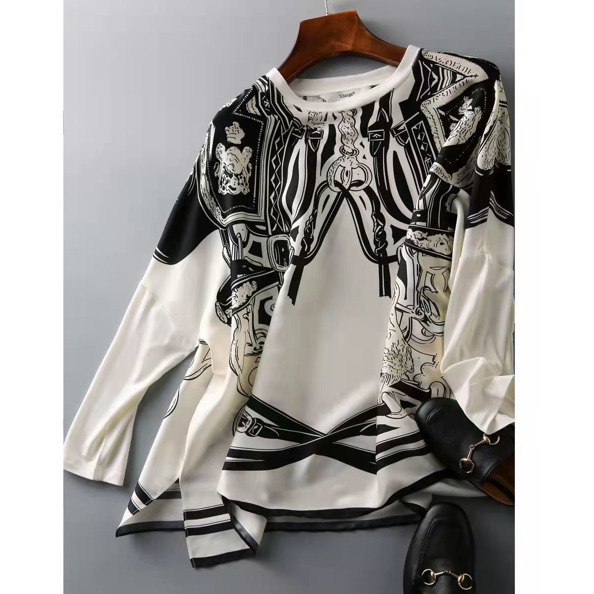 Chemise en mousseline de soie imprimée pour femme, manches chauve-souris, effet drapé, injTop simulé, satin At rétro, marque