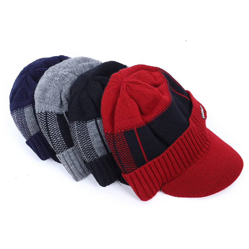 Nouvelle casquette d'hiver en coton avec visière, bonnet tricoté épais, casquette d'hiver pour homme, bonnets d'extérieur, bonnet tricoté avec motif graphique pour homme