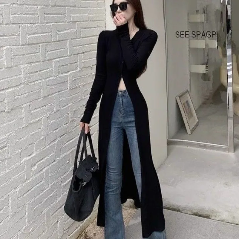 Chemises noires à manches longues et col en V pour femmes, cardigan mince, coupe-vent mi-long, chemisiers minces, streetwear chic, automne, Y-Y2K