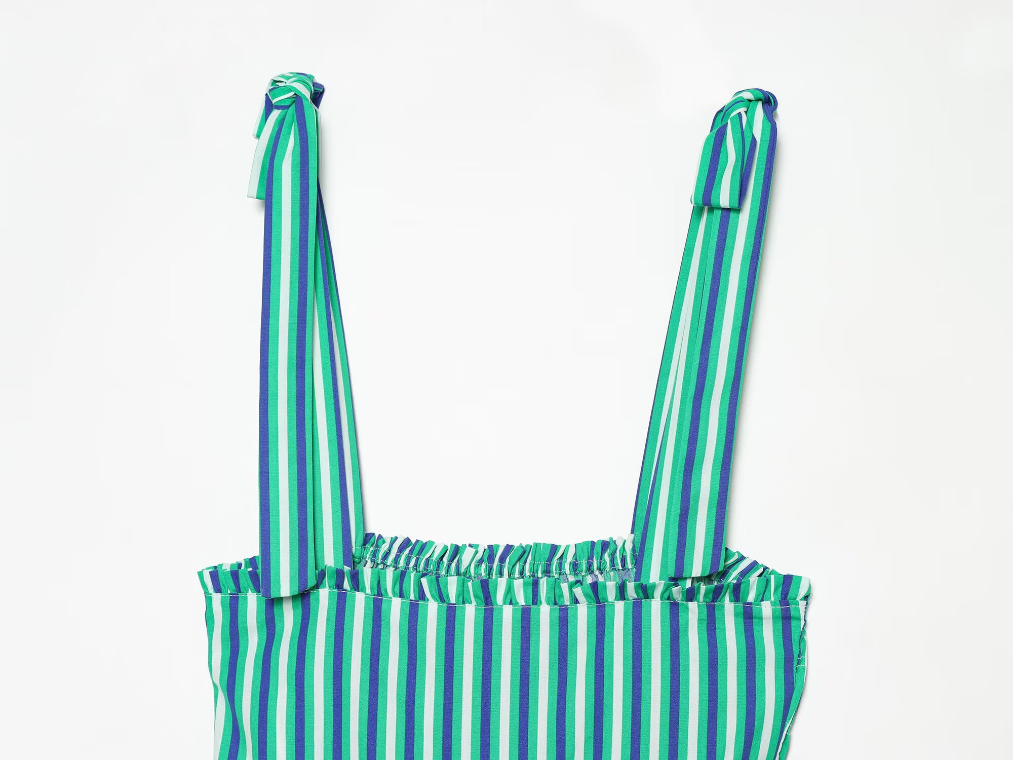 Robe midi décontractée coréenne BSAY pour femme, nouvelle collection, à rayures, avec bretelles à nouer, taille élastiquée smockée, ourlet à volants, sans manches, fluide, pour le quotidien ou la plage