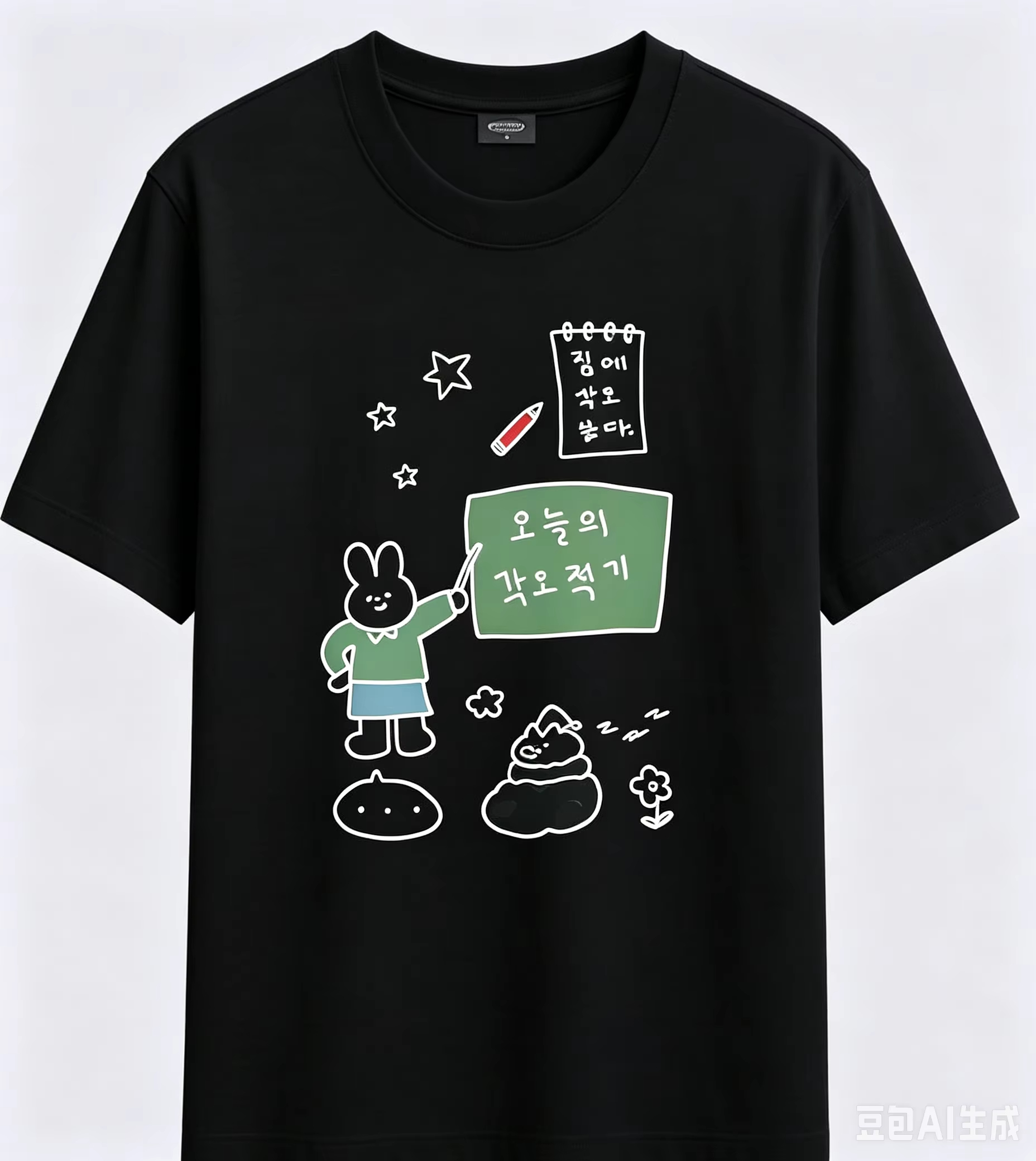 T-shirt décontracté à manches courtes style coréen, polyvalent, rétro, motif chat mignon avec pistolet rose et texte coréen, vêtements esthétiques blancs.