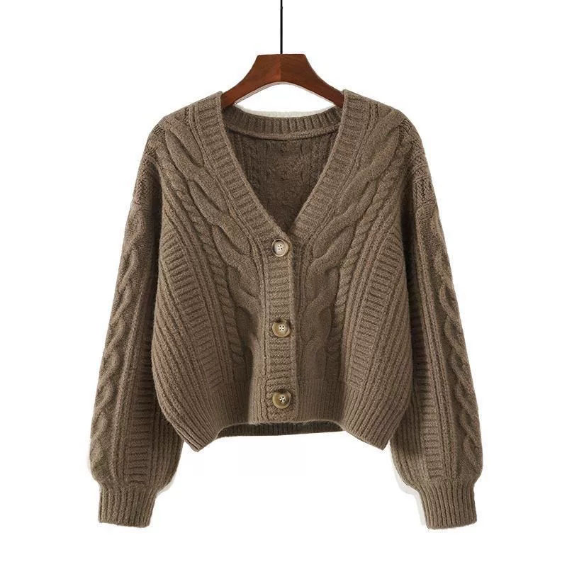 Cardigan court à manches longues et col en v pour femme, couleur unie, Vintage, torsadé, tricoté, avec boutons, nouvelle collection automne hiver