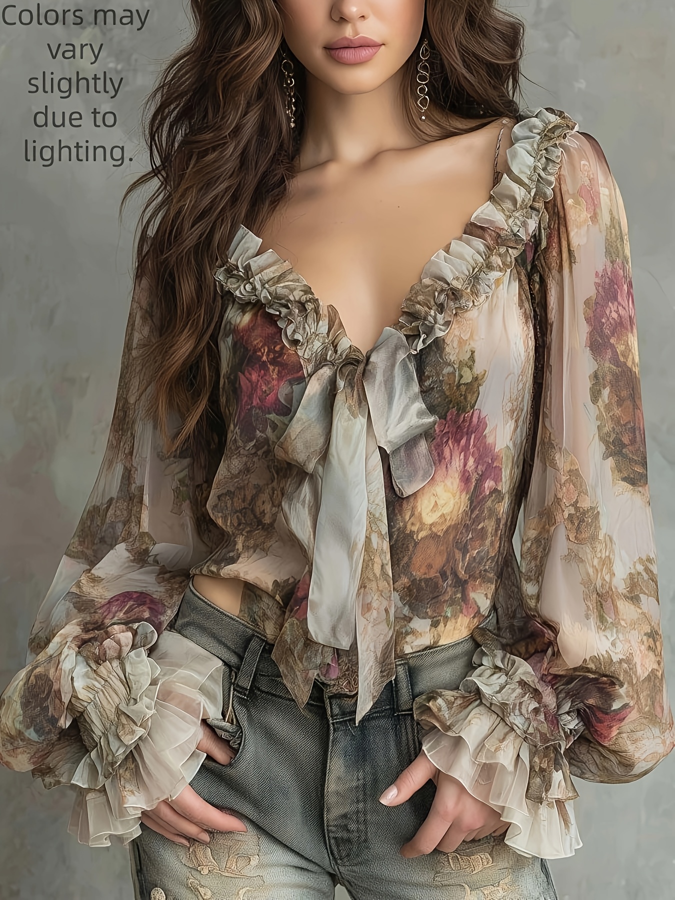 Chemise à imprimé floral vintage pour femmes, col en V avec manches bouffantes, haut en mousseline de soie, style élégant rétro