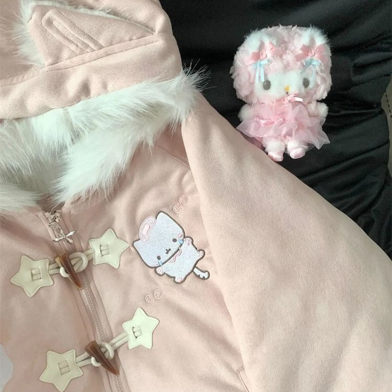 Parka Lolita brodée de dessin animé Style Preppy japonais pour femme, manteau à capuche en fourrure, Patchwork, Harajuku Y2k, vêtements chauds d'hiver