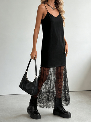 Robe longue élégante pour femmes, robe sans manches à bretelles spaghetti et empiècements en dentelle. Idéal pour les fêtes et les occasions formelles