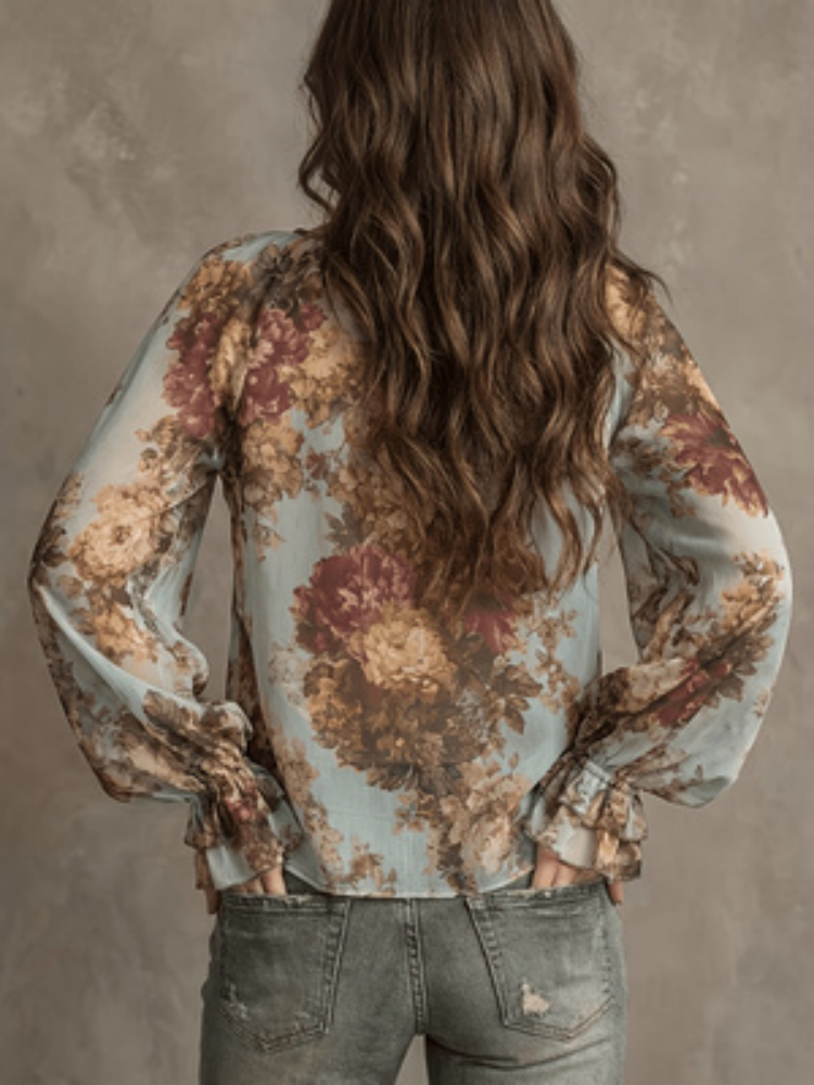 Chemise à imprimé floral vintage pour femmes, col en V avec manches bouffantes, haut en mousseline de soie, style élégant rétro