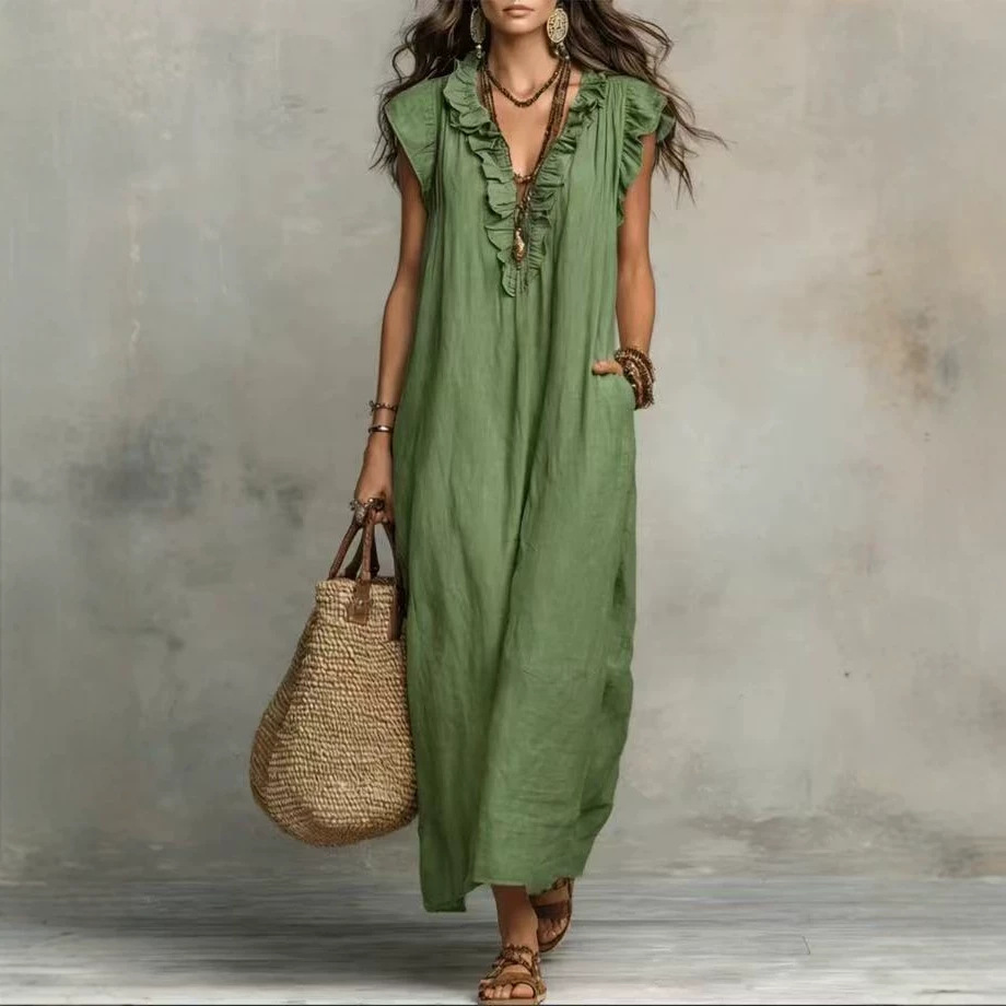 Robe longue décontractée d'été 2026 pour femme, style bohème, en coton et lin, couleur unie, col en V à volants, sans manches, coupe ample, avec poches, pour la plage