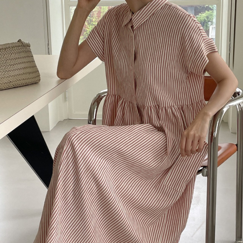 REALEFT-Robe chemise rayée à simple boutonnage pour femme, vintage, décontractée, droite, coréenne, poches, été, 2024