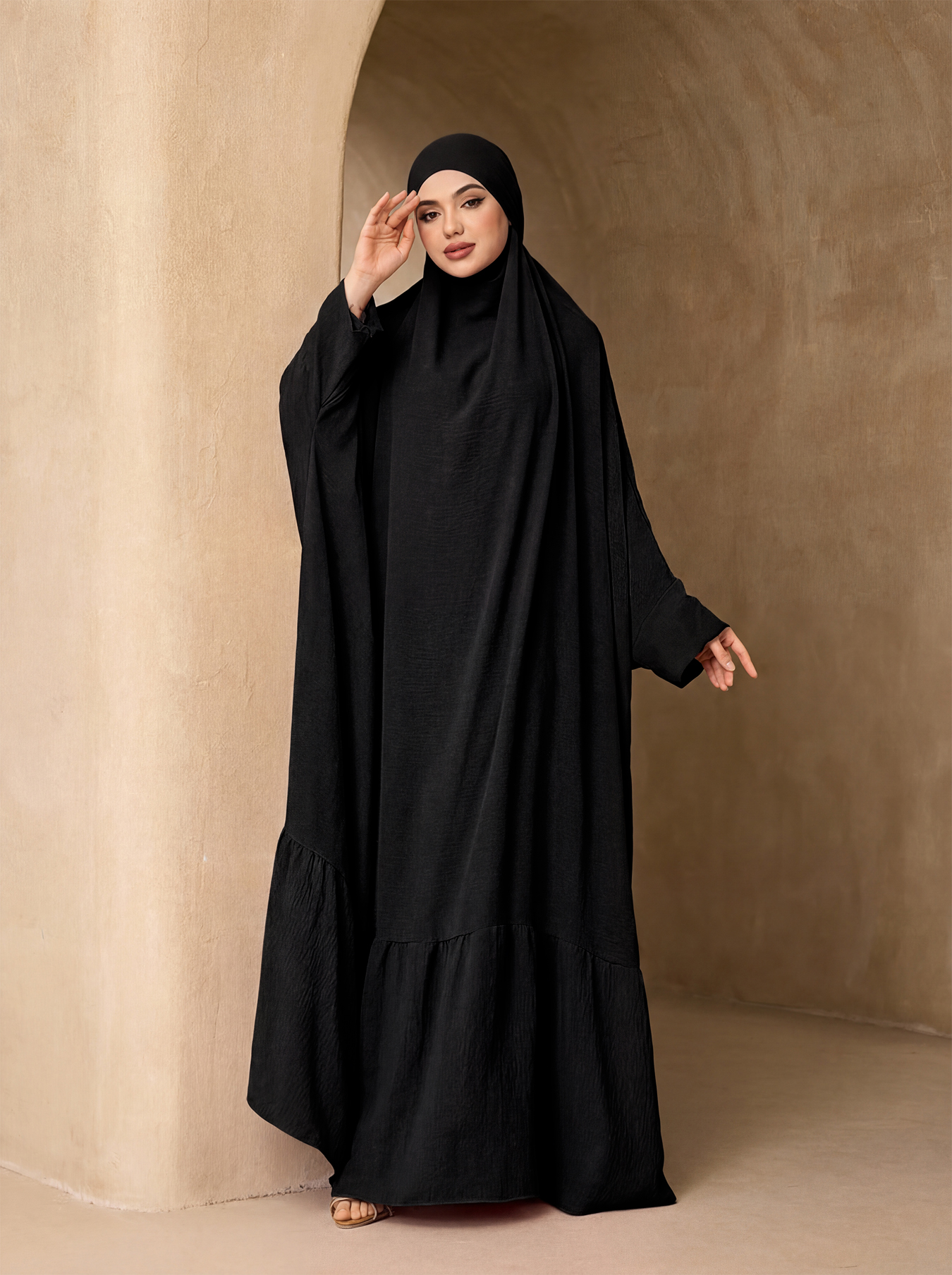 Abaya Jilbab une pièce à volants et manches chauve-souris, robe longue ample et modeste pour la prière, tenue religieuse quotidienne pour femmes musulmanes, idéale pour l'Aïd