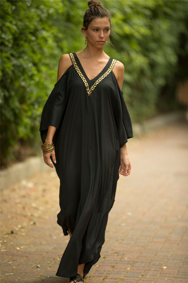 Caftan robes maillot de bain couvrir robe Maxi vêtements de plage turc épaule froide tenues de plage vacances d'été