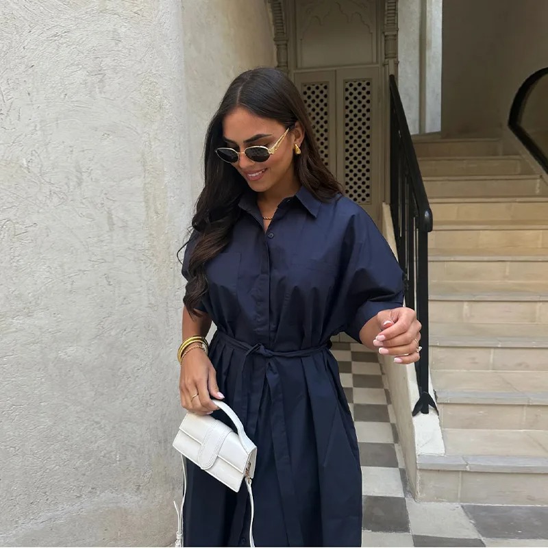 Robe décontractée à lacets pour femmes, simple boutonnage, col rabattu, manches courtes, robes pour dames, printemps été, ample, 2025