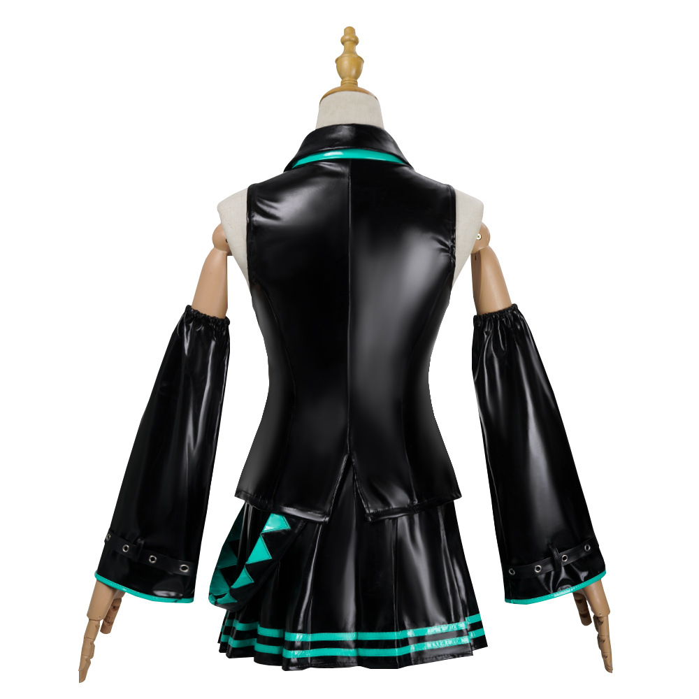 Tenue de cosplay d'idole virtuelle en cuir verni noir et vert, accessoires complets, perruque, chaussettes, bijoux pour Comic Con Party