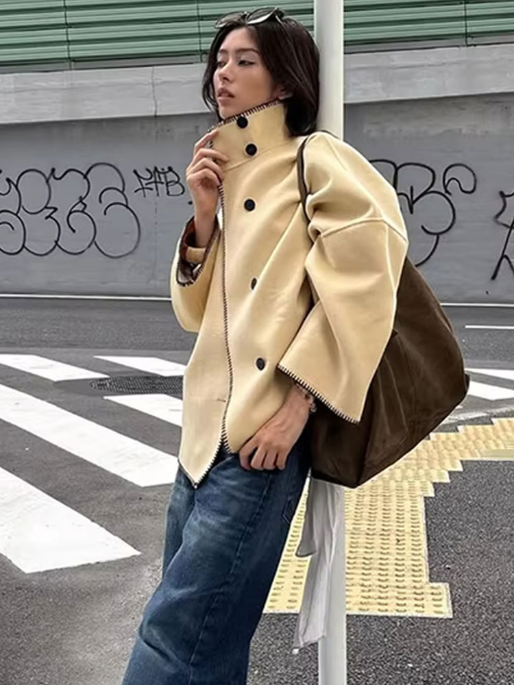 HH automne femmes mode contraste manteaux ample décontracté surdimensionné vestes col roulé à manches longues veste haute rue dame vêtements d'extérieur