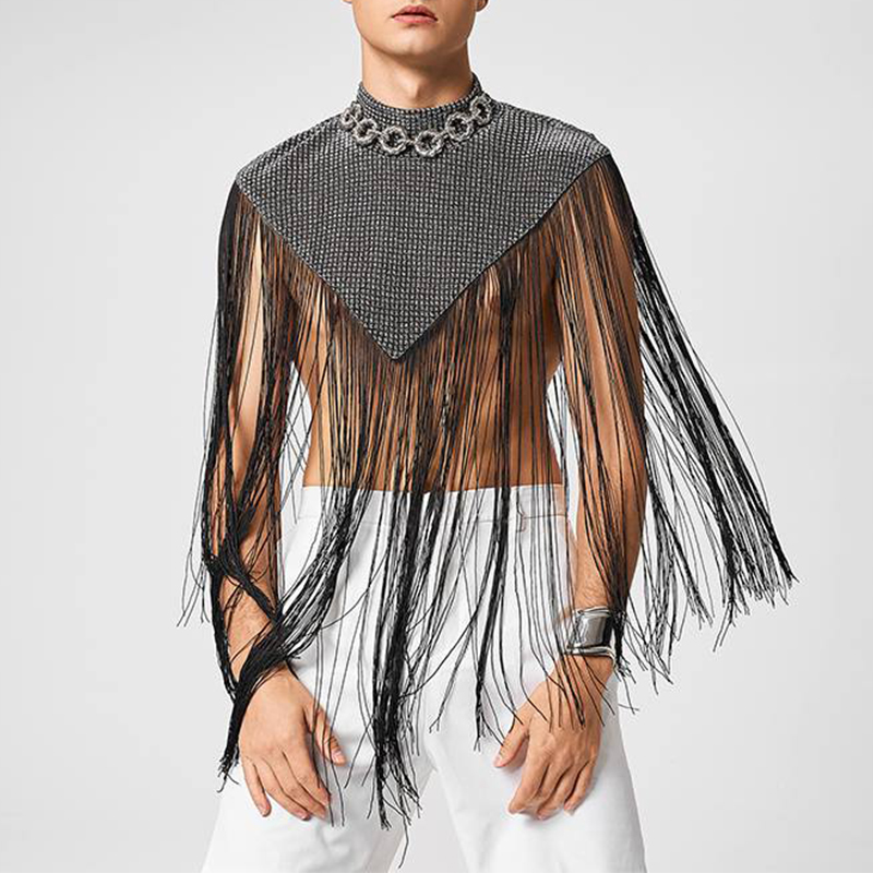 Gilets en Y à col roulé à pampilles pour hommes, irrégulière, précieuse, patchwork, fibre, streetwear, décontracté, sexy, ponchos Everak, mode masculine, nouveau, 2025