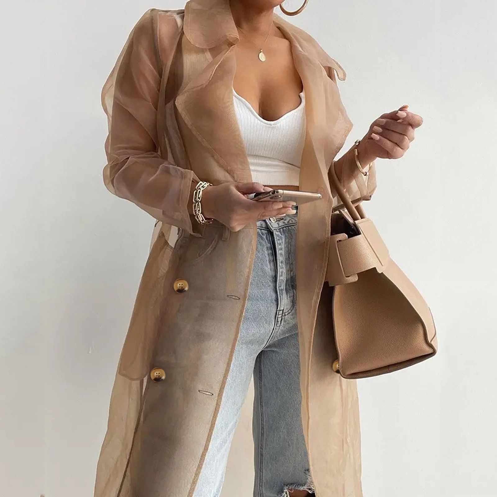 Vestes pour femmes, pardessus Transparent en maille, manteau boutonné à manches longues avec ceinture, col rabattu, vestes longues légères