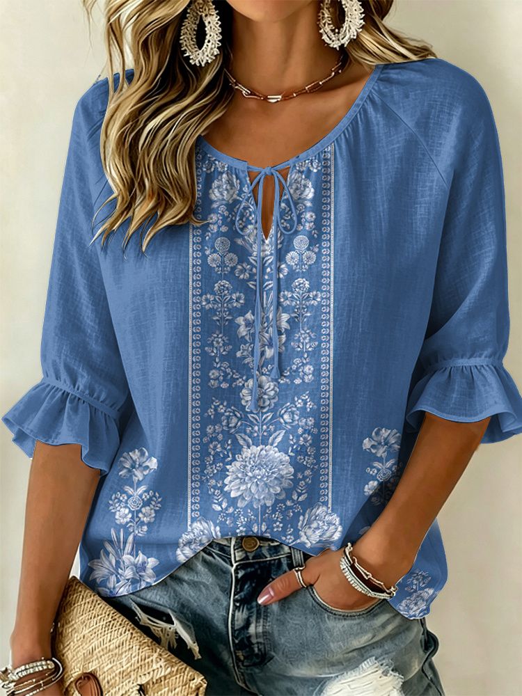 Chemisier pour femme violet brodé à motif cachemire avec col noué, hauts amples décontractés pour le printemps, l'été, le quotidien et les occasions de vacances