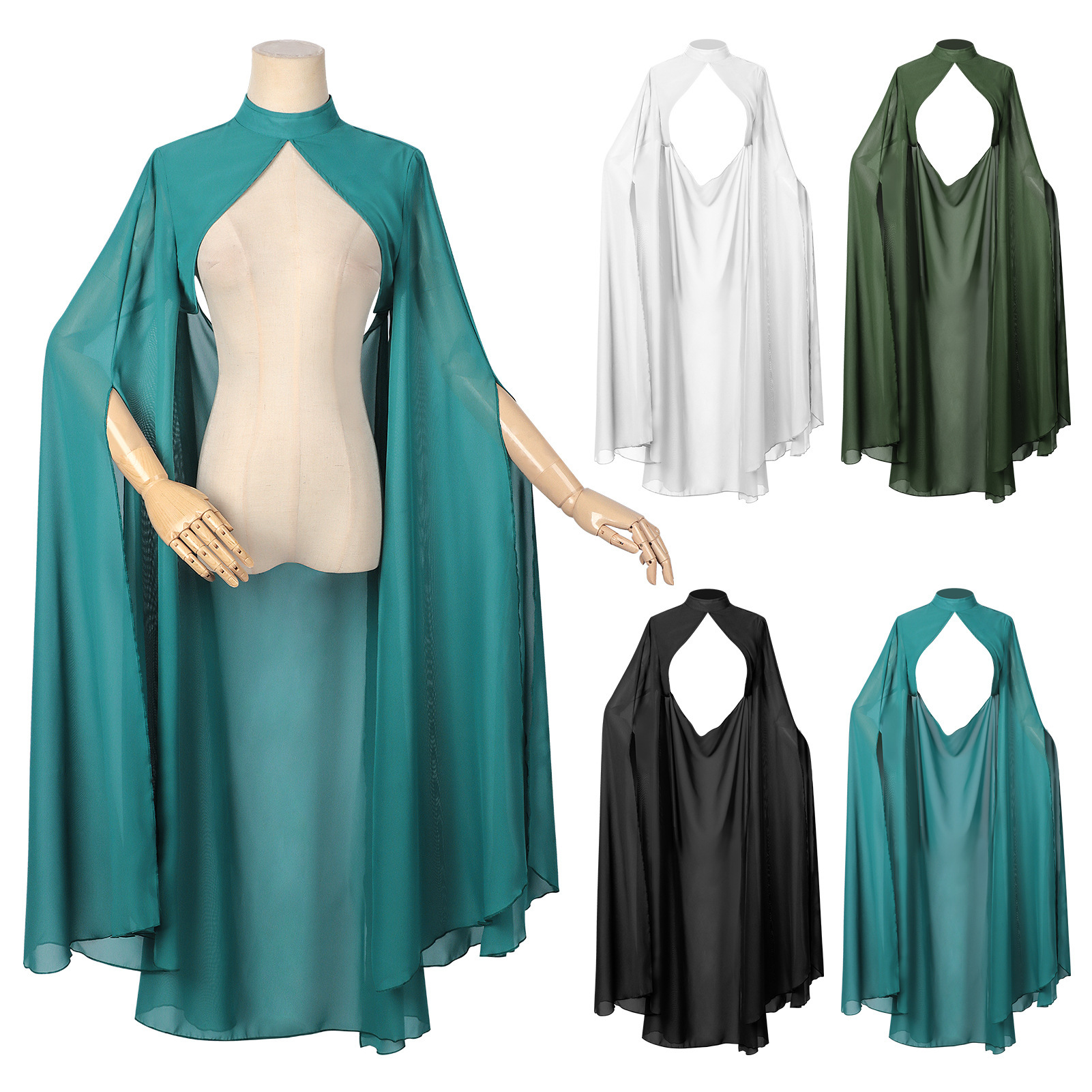 Cape en mousseline pour femme - Col montant, dos ouvert, style médiéval Renaissance, costume de fée pour Halloween, cosplay et mariage