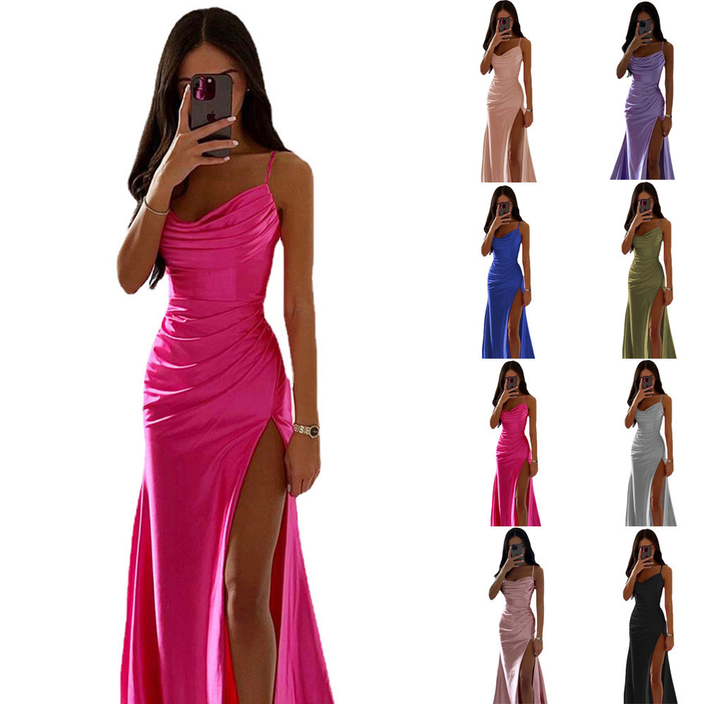 Robes pour femmes 2025 – Nouvelle robe plissée sans bretelles avec fente, style européen, sexy, moulante, pour femmes – Vêtements Vestidoes