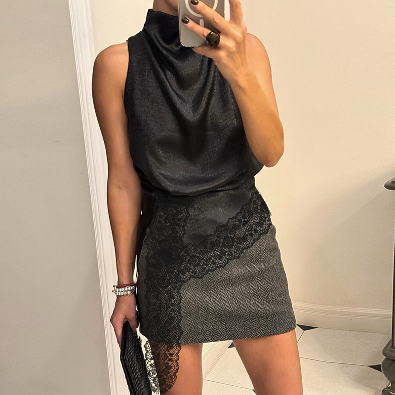 Hauts élégants sans manches pour femme, débardeurs à ourlet asymétrique fendu sur le côté, camisoles à col montant en satin avec bordure en dentelle, style Y2K, pour sorties