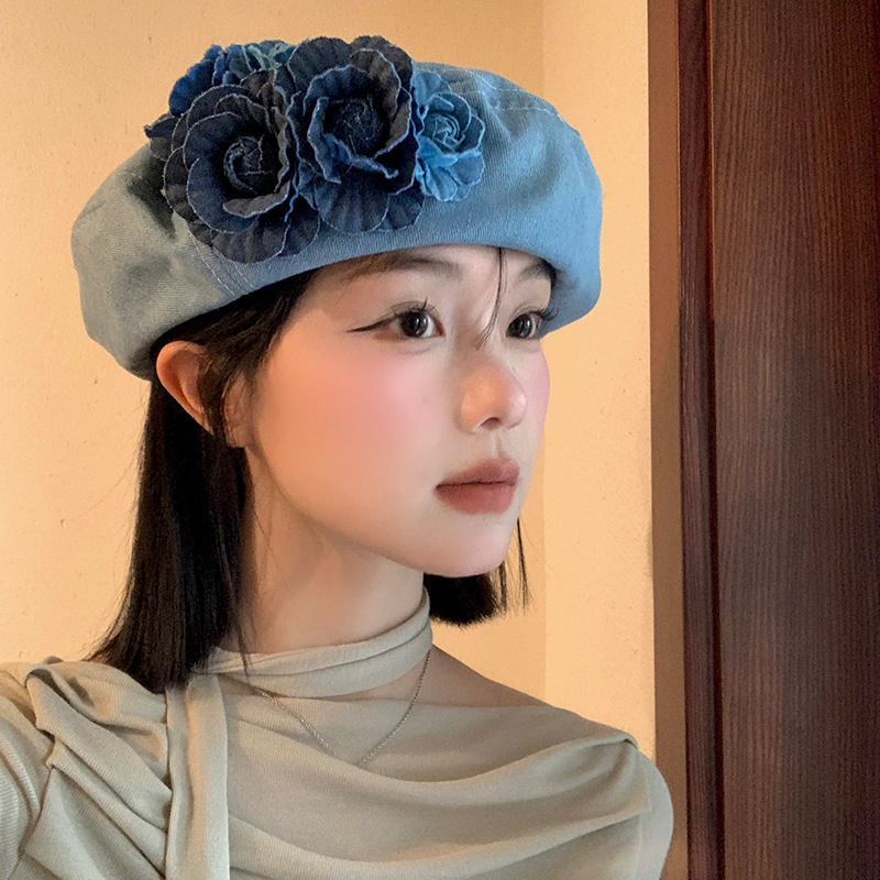 Béret en Denim à fleurs bleues pour femmes, chapeaux octogonaux de couleur unie, à la mode, pour fille coréenne, artiste peintre