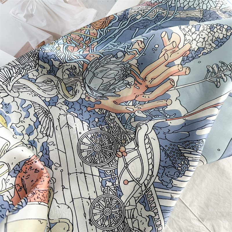 Foulard en twill de soie de mûrier 100% 90x90cm, imprimé Palais Sous-Marin Fantaisie, bord roulé à la main, accessoire de mode féminin pour le cou, la tête ou la poche