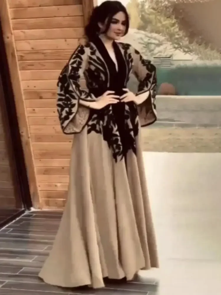 Robe de ramadan musulmane avec appliques, robe maxi de soirée élégante, col en V, manches évasées, taille nouée, robe trapèze à manches longues, printemps