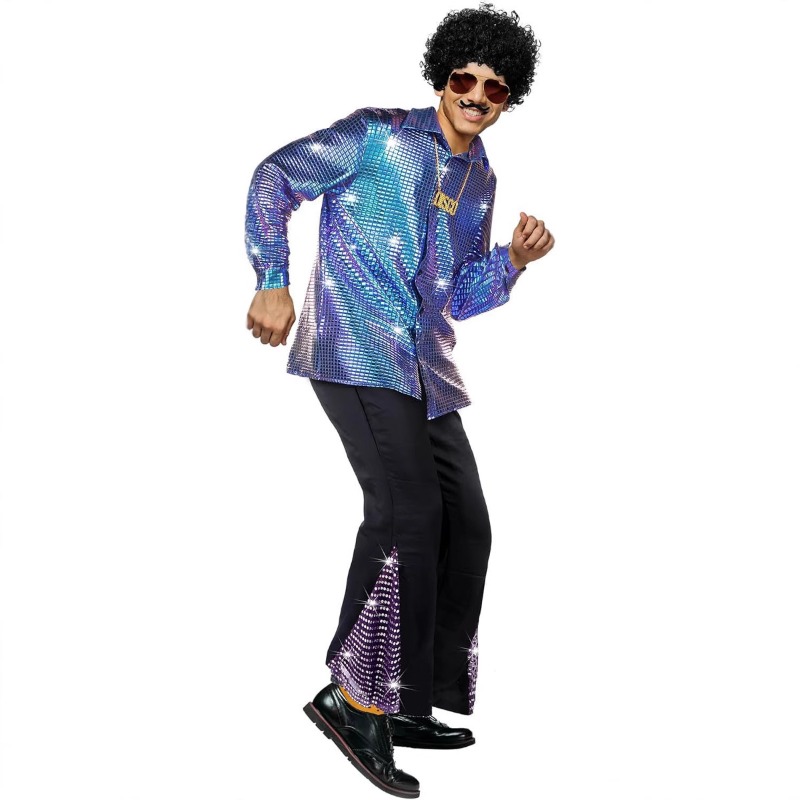 Costume d'halloween Hippie des années 60 et 70, pantalon à paillettes, chemise, hauts, bas de cloche, pantalon évasé pour hommes, tenue brillante de danse Disco pour chanteur