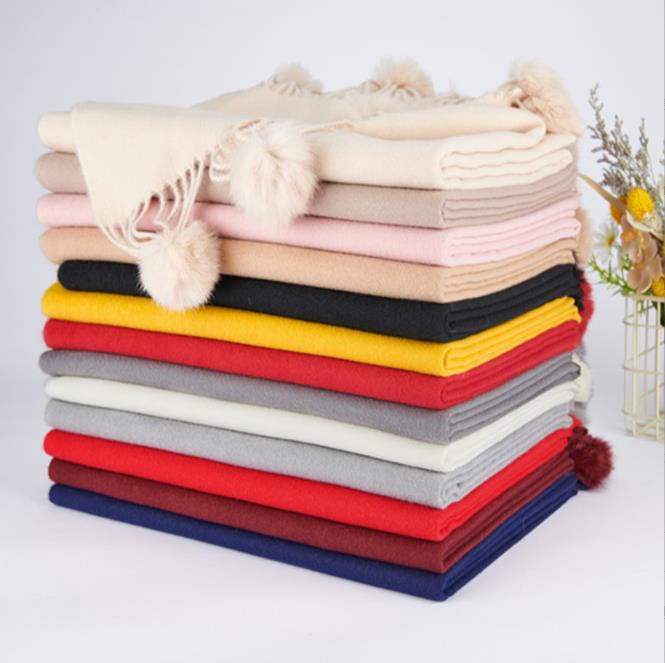 Écharpe châle en cachemire de haute qualité pour femme avec pompon en fourrure de lapin, pashmina surdimensionnée, poncho, hijab, couverture, cachecol pour l'hiver