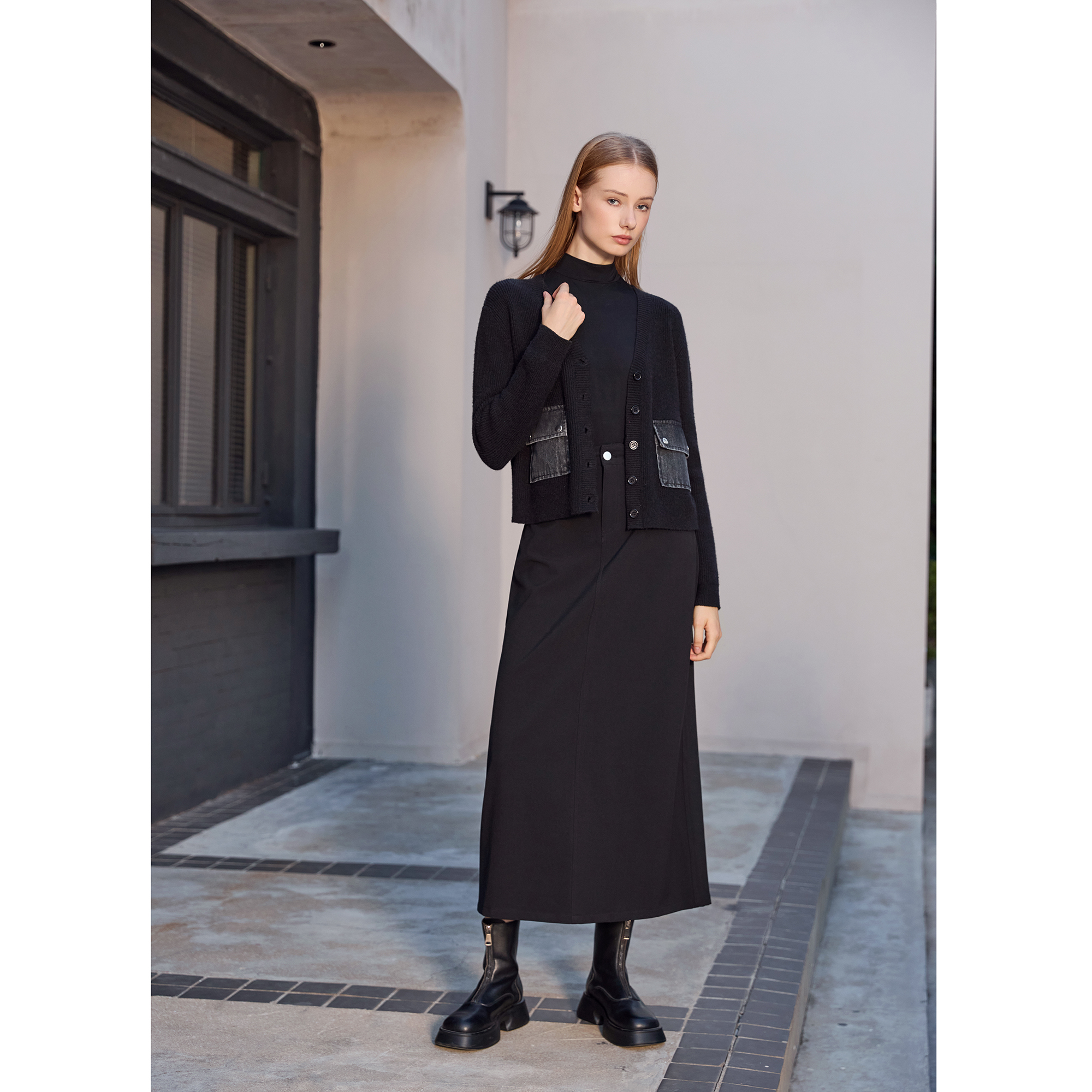 AP femmes 2026 automne et hiver Denim col en v robe tricot Cardigan col montant Modal chemise