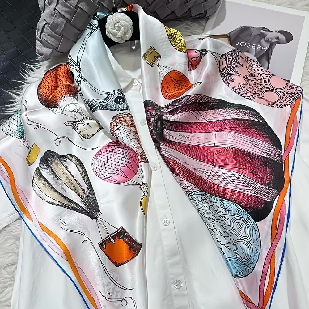 Nouveau printemps 100% foulards carrés en soie de mûrier foulards dames luxe Ballon imprimé foulard en soie naturelle châle 90*90 cm foulard de cheveux