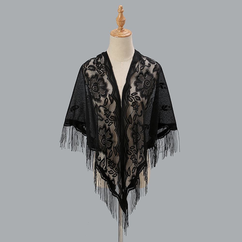 Châle triangulaire en dentelle florale pour femme, élégant, à franges, léger, voile transparent, couvre-épaules pour mariage, soirée et fête