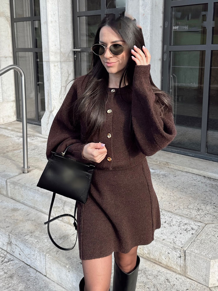 HH femmes jupe costume mode col rond tricoté à manches longues simple boutonnage poche Cardigan + taille élastique mince Mini jupe 3 couleurs