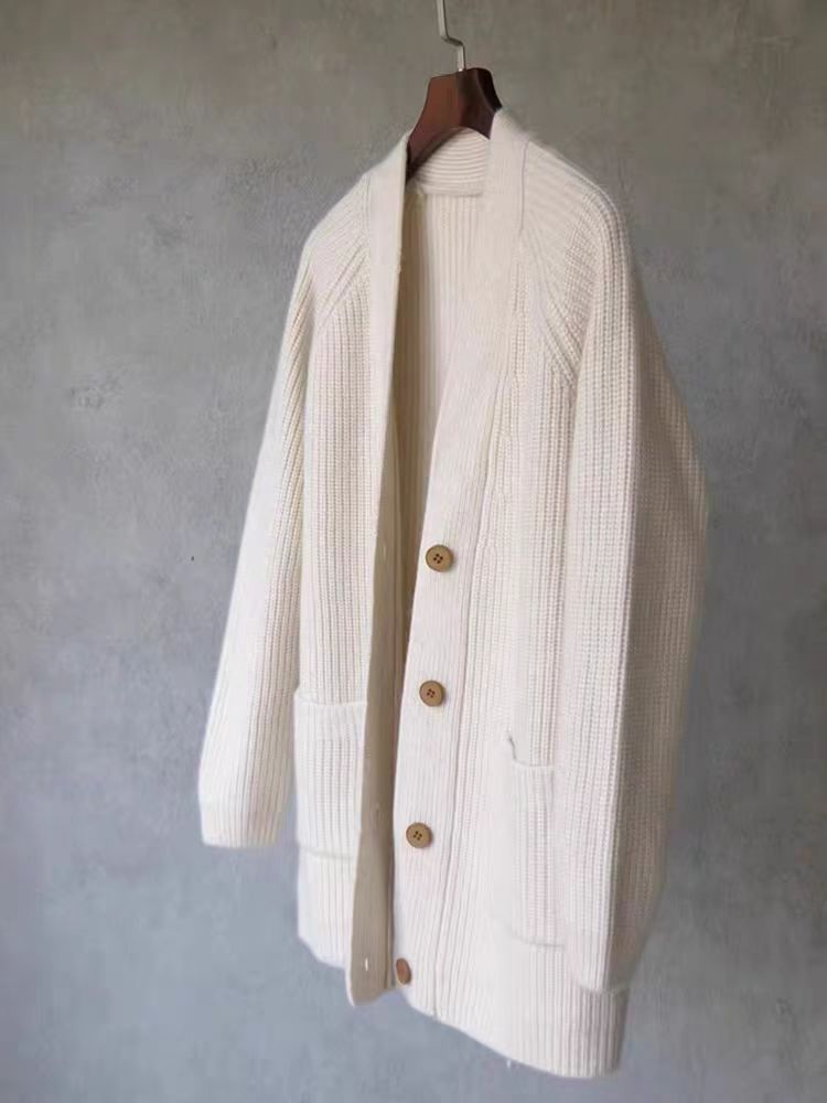 Cardigan mi-long en laine mérinos pour femme, veste d'automne et d'hiver, 100% laine, boutons tricotés, pull en cachemire