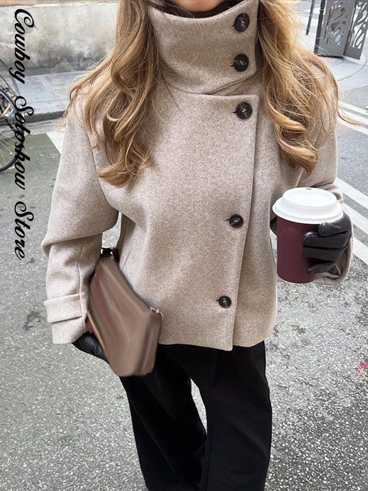 Manteau en laine à col haut uni pour femmes, élégant, chaud, à simple boutonnage, manches longues, avec poches, manteau court, nouvelle veste d'hiver quotidienne pour femme.