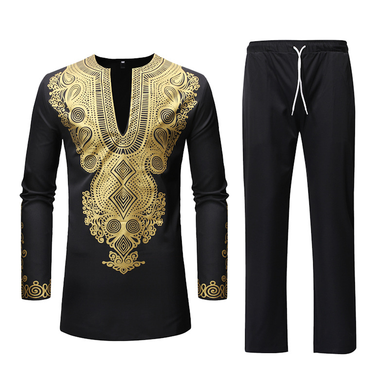 Ensemble chemise et pantalon Dashiki pour homme africain, imprimé métallique, hauts à manches longues, tunique, col en V, vêtements traditionnels assortis, pantalon