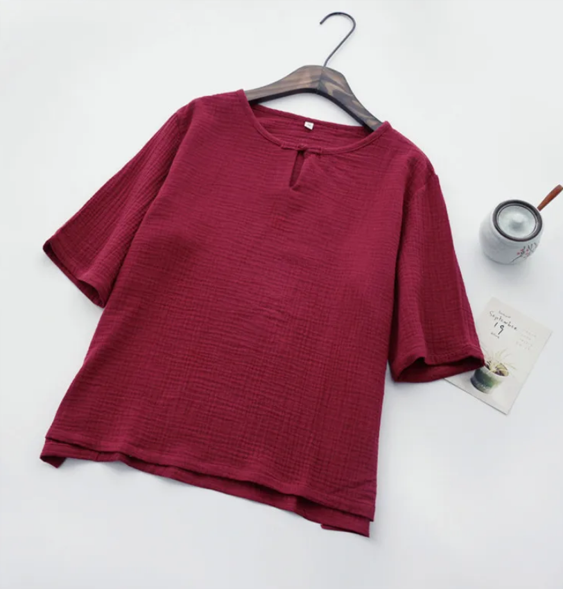 Blouses pour femmes grandes tailles, style chinois vintage, chemises en coton et lin à manches courtes, chemisiers décontractés de style prairie, hauts pour femmes.